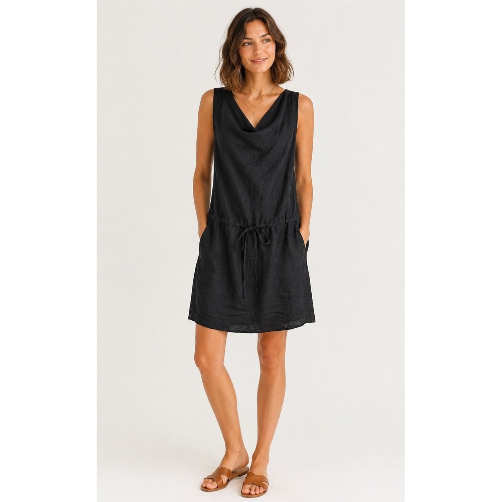 Allen Allen Cowl Neck Linen Mini Dress Women XS‎ Black Drawstring Lagenlook